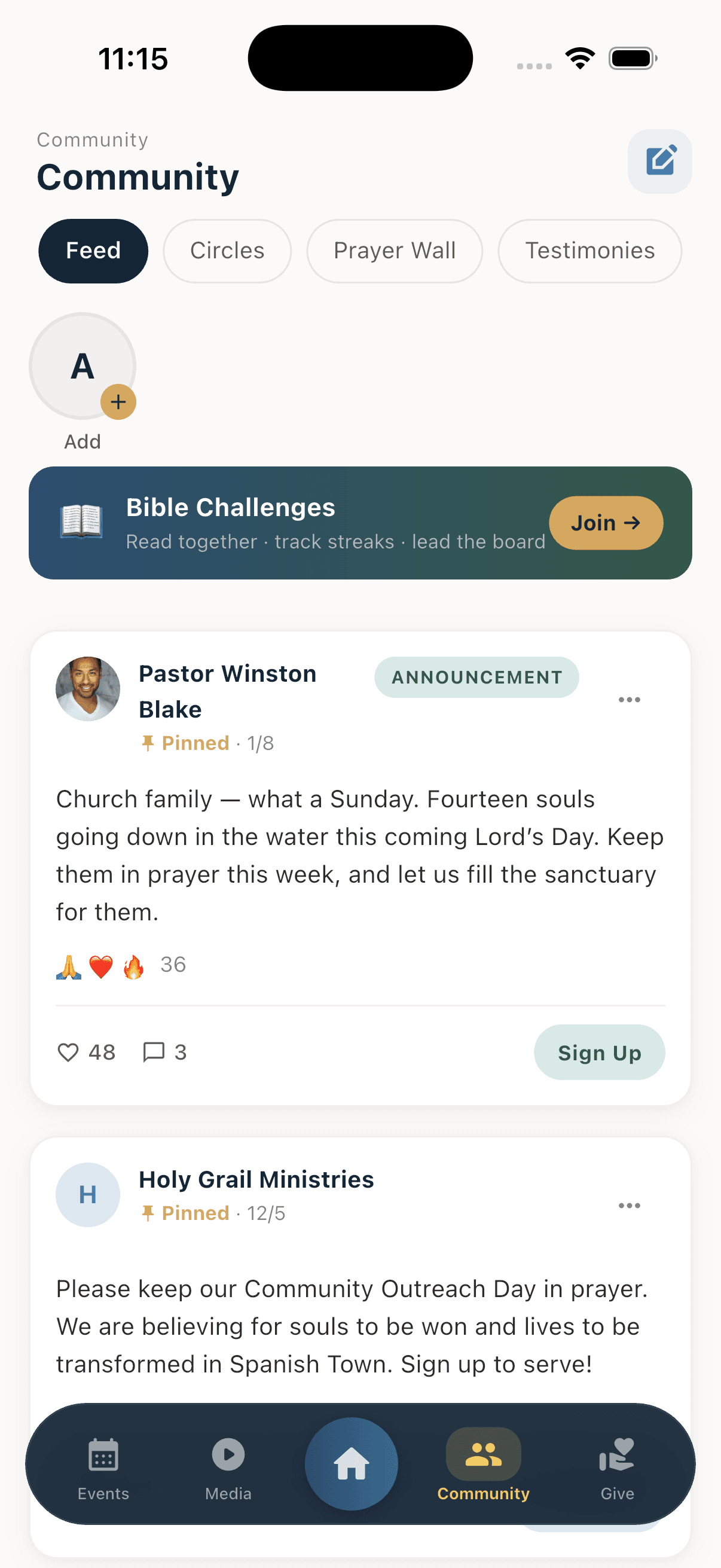 The Community screen in the ChurchDay app