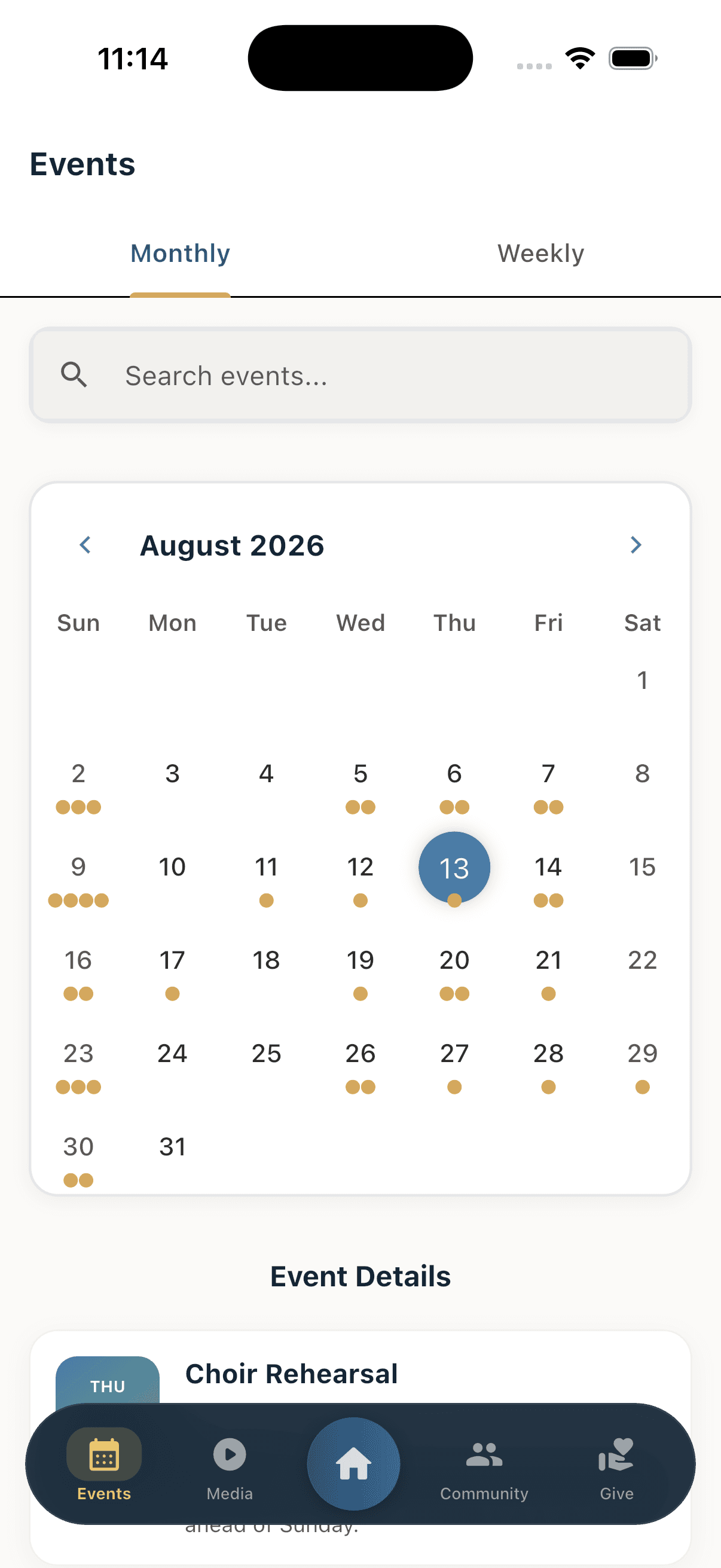 The Events screen in the ChurchDay app