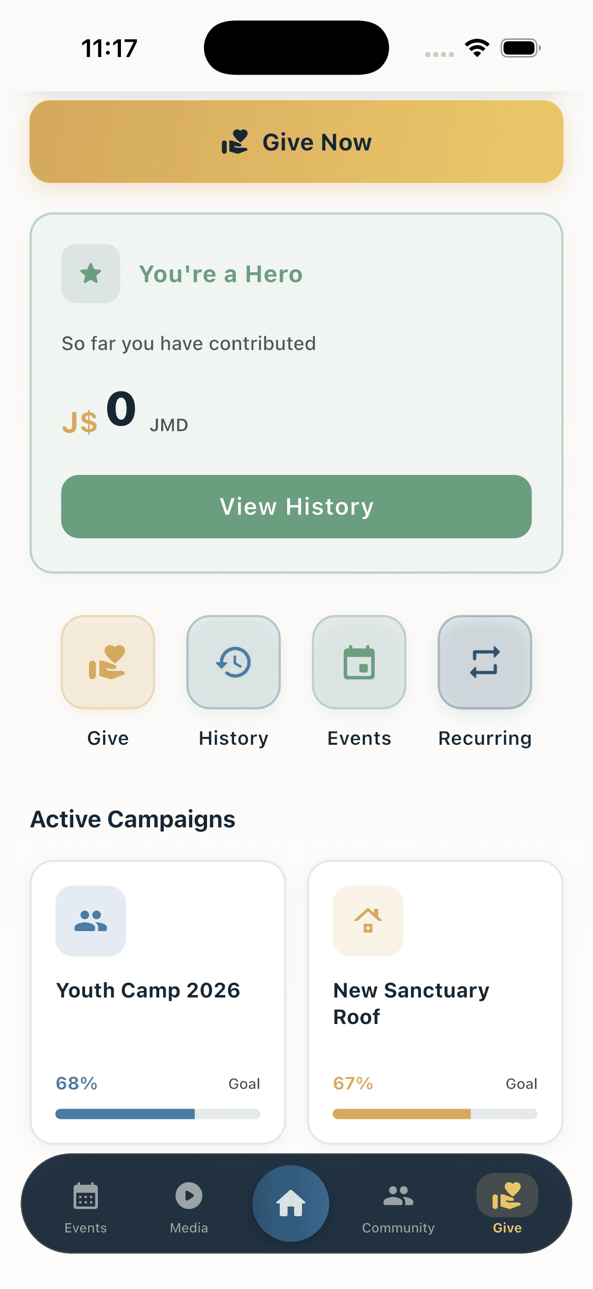 The Give screen in the ChurchDay app