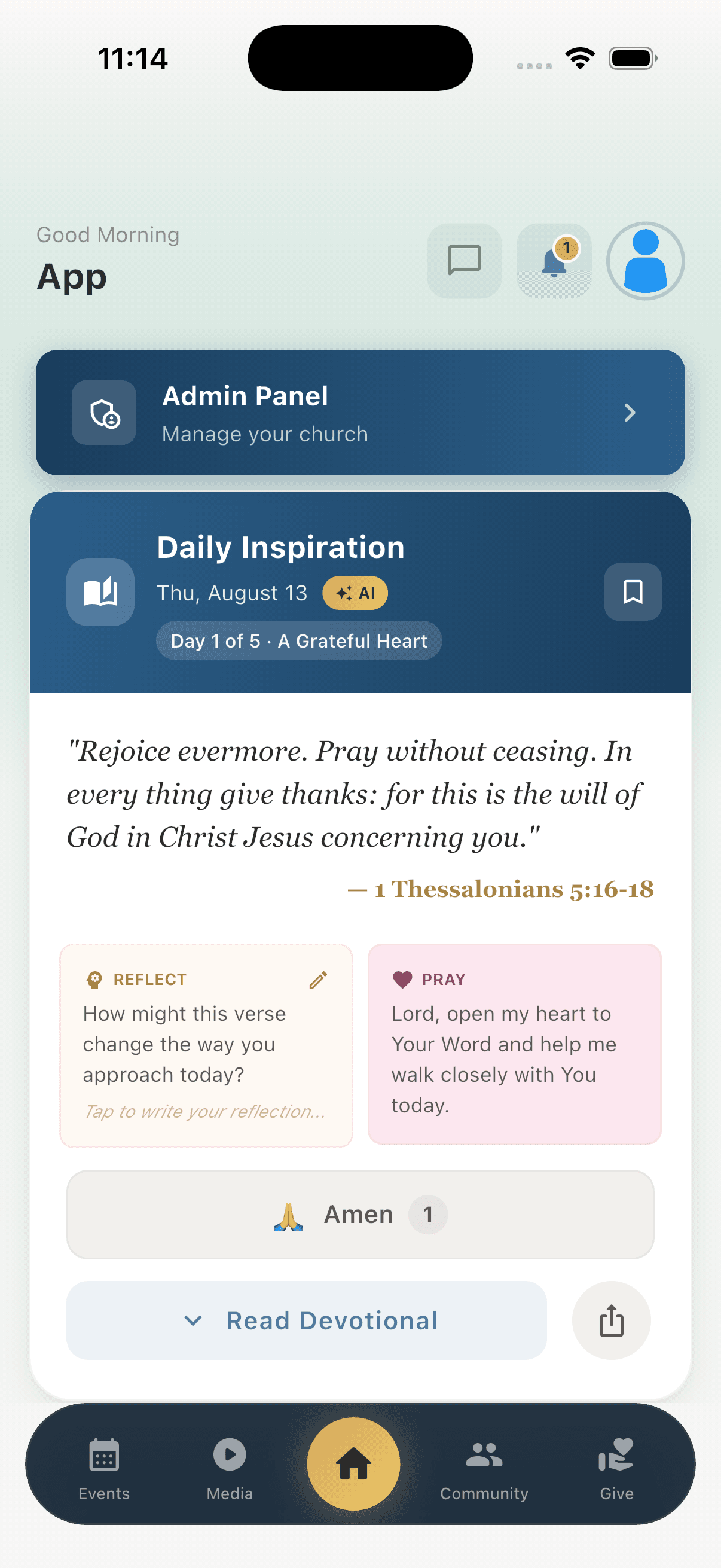 The Home screen in the ChurchDay app