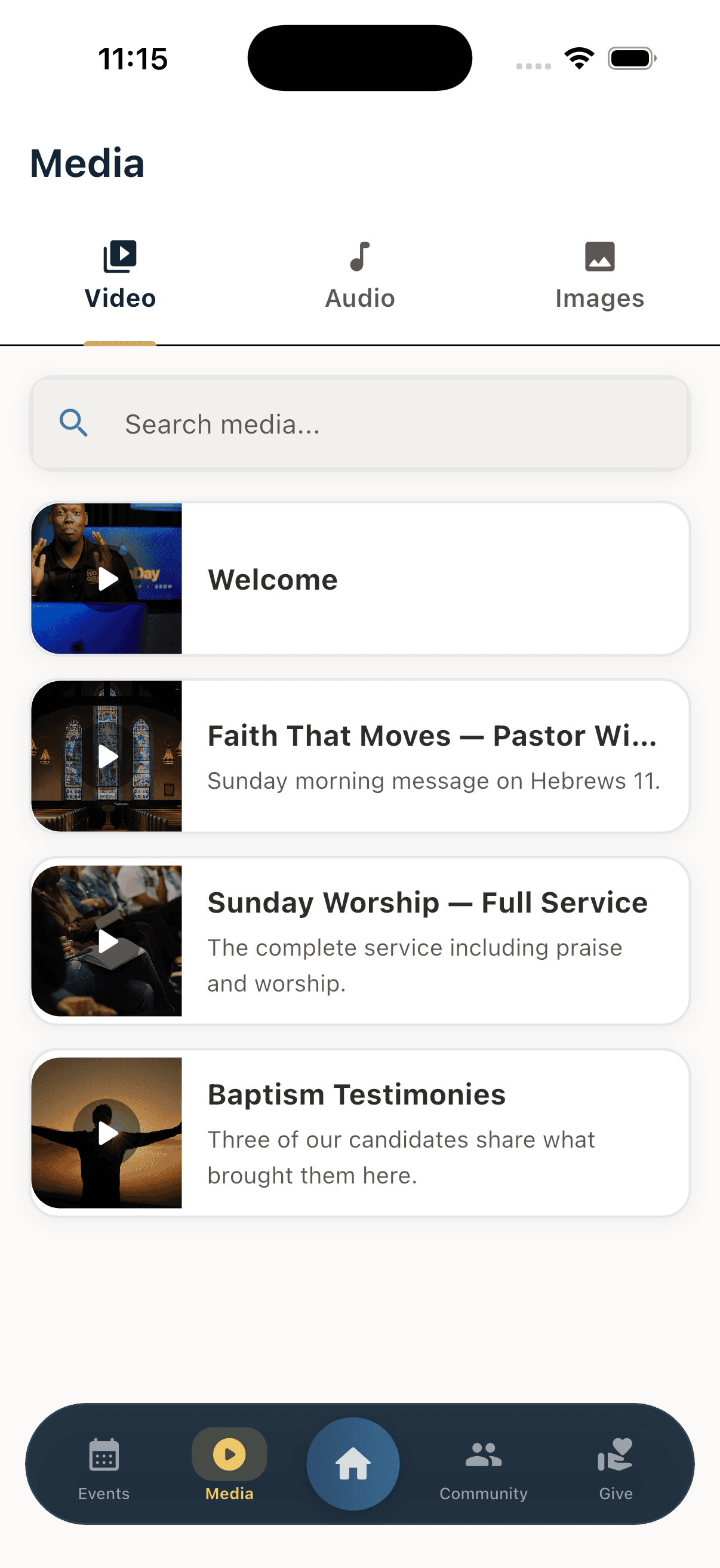 The Media screen in the ChurchDay app